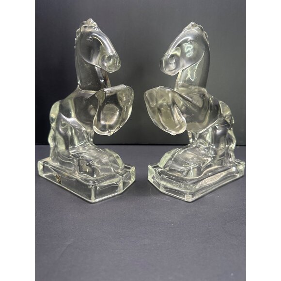 Vintage L.E. Smith Glass Rearing Horse Bookends Heavy Clear Figurine 7" Tall MCM - Picture 1 of 9